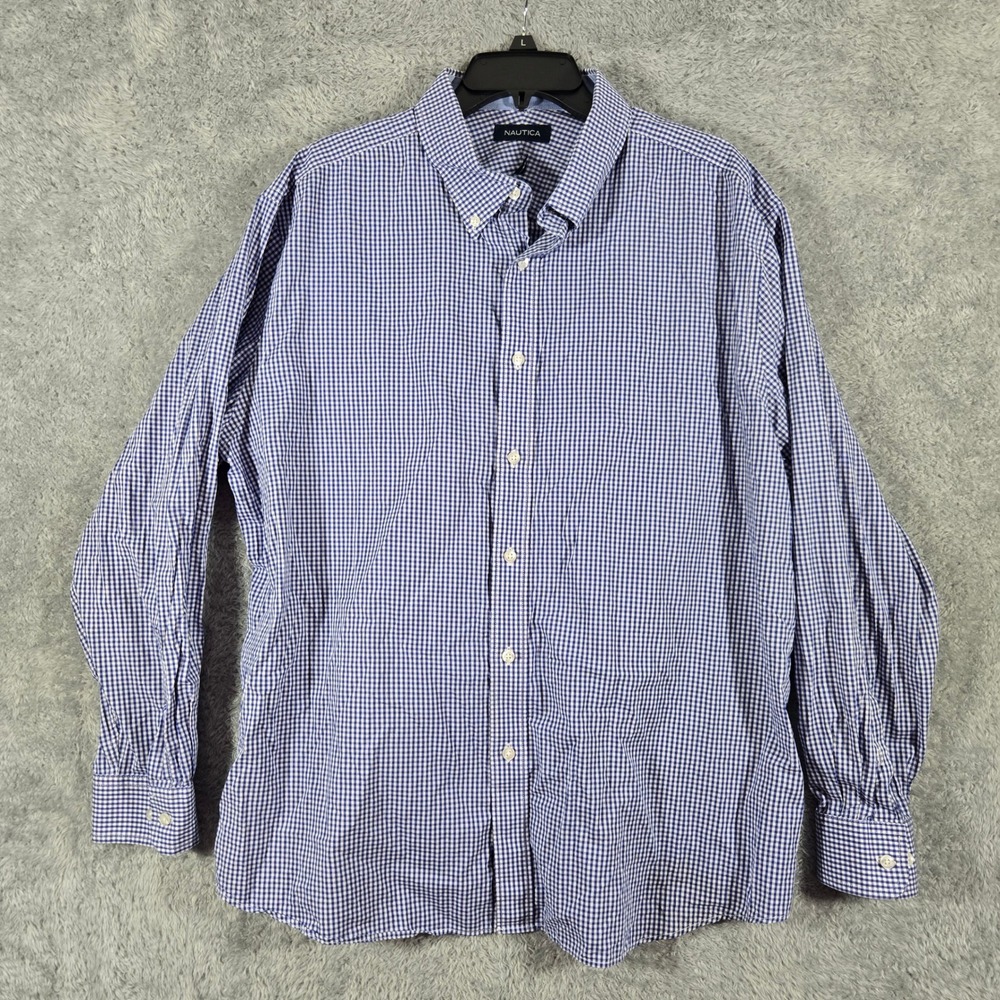 Nautica Mens XL Blue White Gingham Long Sleeve Button Down Shirt 17.5 34/35
